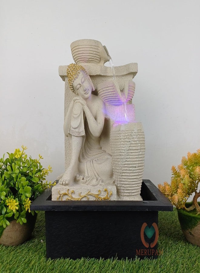 MERUPAM نافورة مياه بوذا النائم من ميروبام لتزيين المنزل مع إضاءة LED، نافورة مياه داخلية لتزيين المنزل، قطعة فنية (بوذا) (بوذا أصفر نائم) - Image 1
